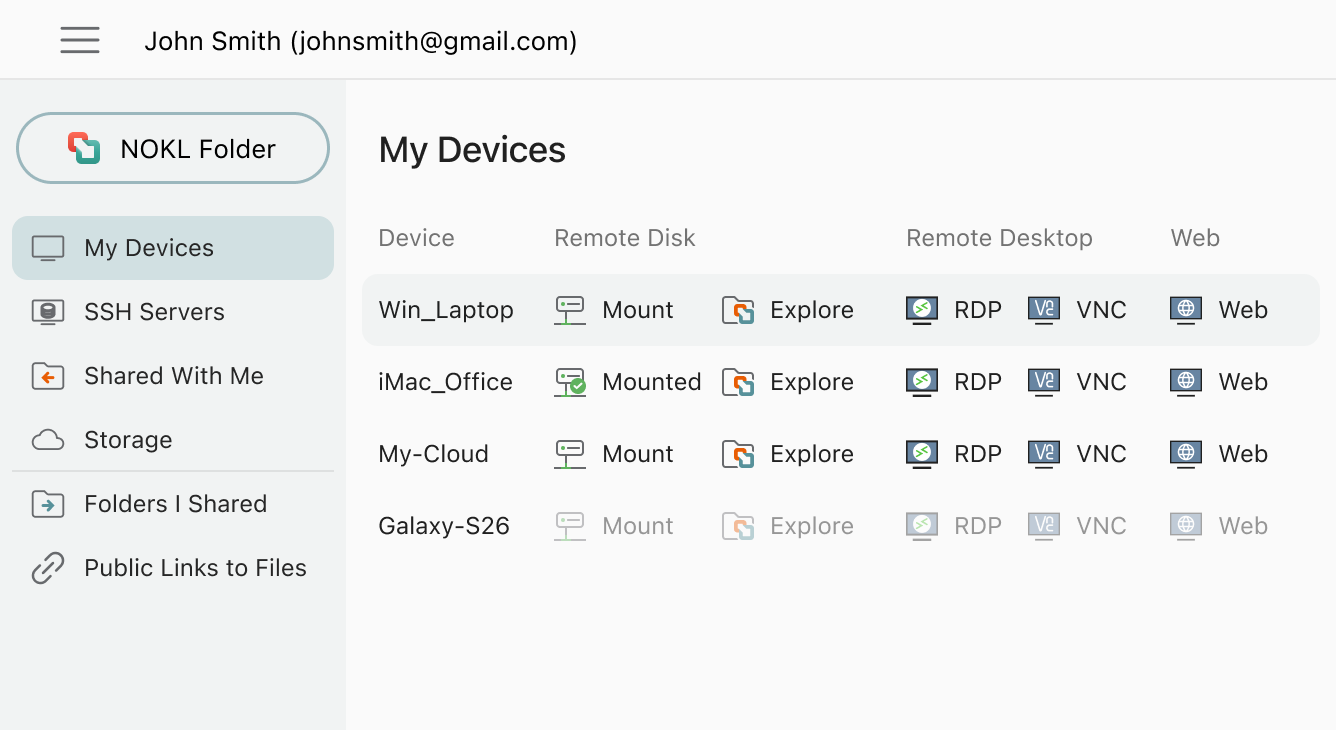 NOKL My Devices screen showing connected computers and remote access actions