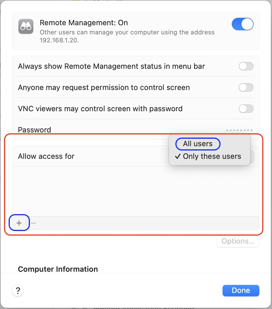 macOS Apple Remote Desktop access settings