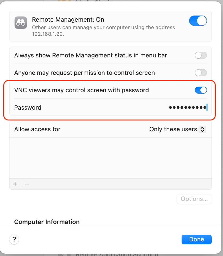macOS VNC Authentication password dialog